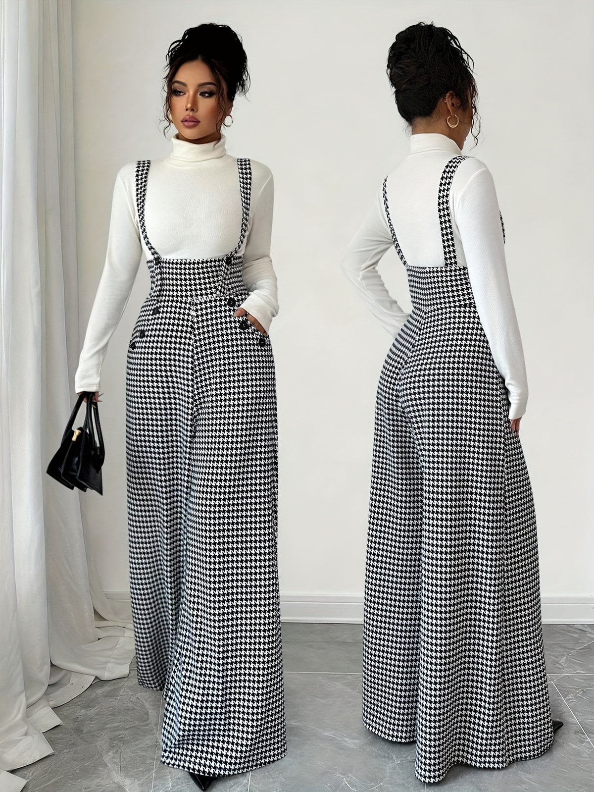 Elegant Women's Houndstooth Print Spaghetti Strap Wide-Leg Jumpsuit