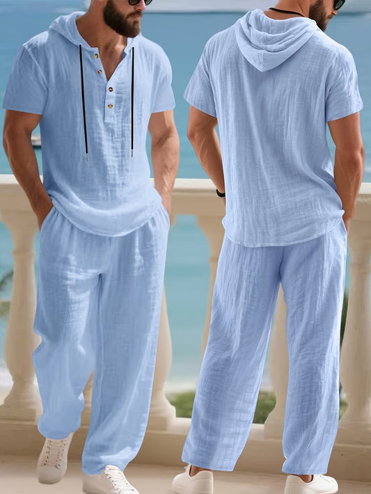 OBM Men'S Casual Linen Hooded Shirt And Pants Set, Short Sleeves with Drawstring Waist, Pure White Non-Stretch Fabric, Vacation Home Wear, Texture Holiday Style