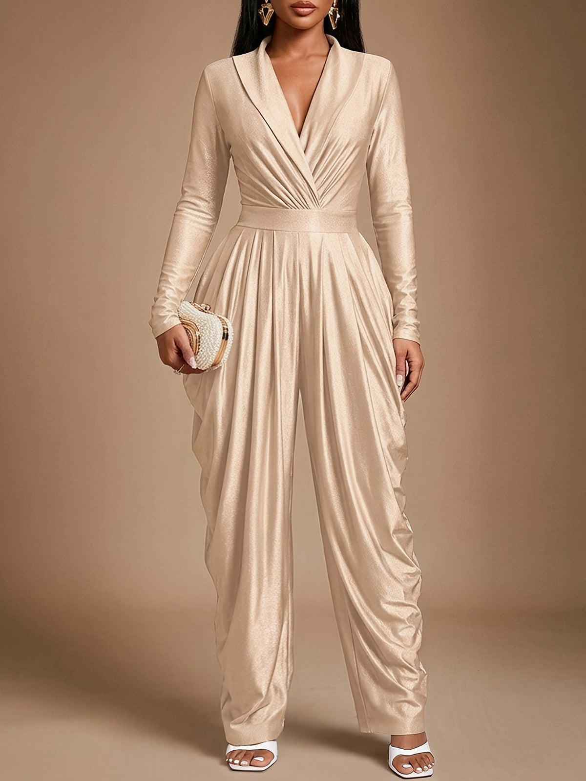 High-Waist Pleated Wide-Leg Jumpsuit - Slim-Fit Pleated Long-Sleeve Bodysuit with Deep V-Neck Design - Women's Modern Evening Gown