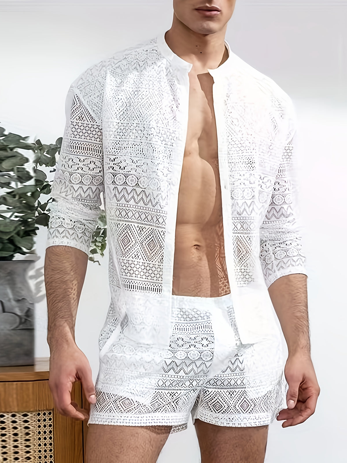 Summer Men'S Lace See-Through Long Shirt And Shorts 2pcs Set Sexy Casual Summer Beach Party Clubwear