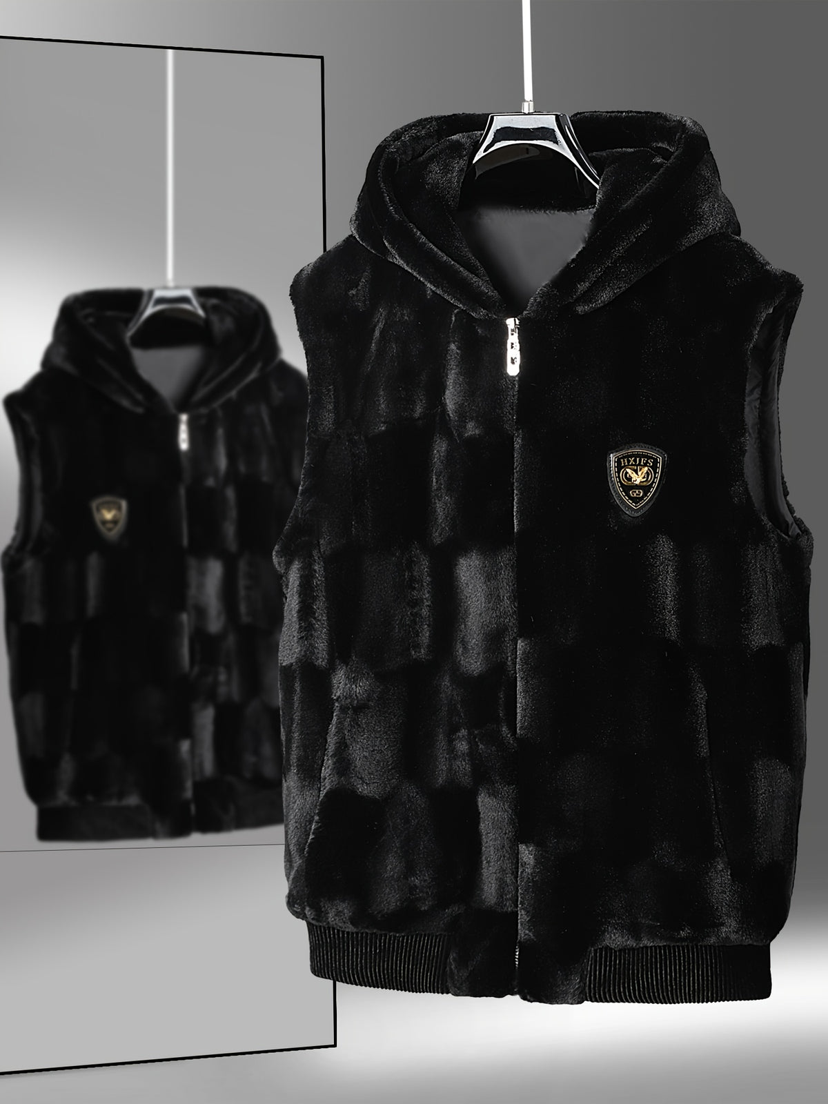 Men's Winter Full-Zip Hooded Faux- Jacket - Black/White Collar & Golden-Tone Logo-Like Patches, Detachable Hood, Hand Washable Cold-Weather Coat for Casual & Formal Wear (No-Fill)