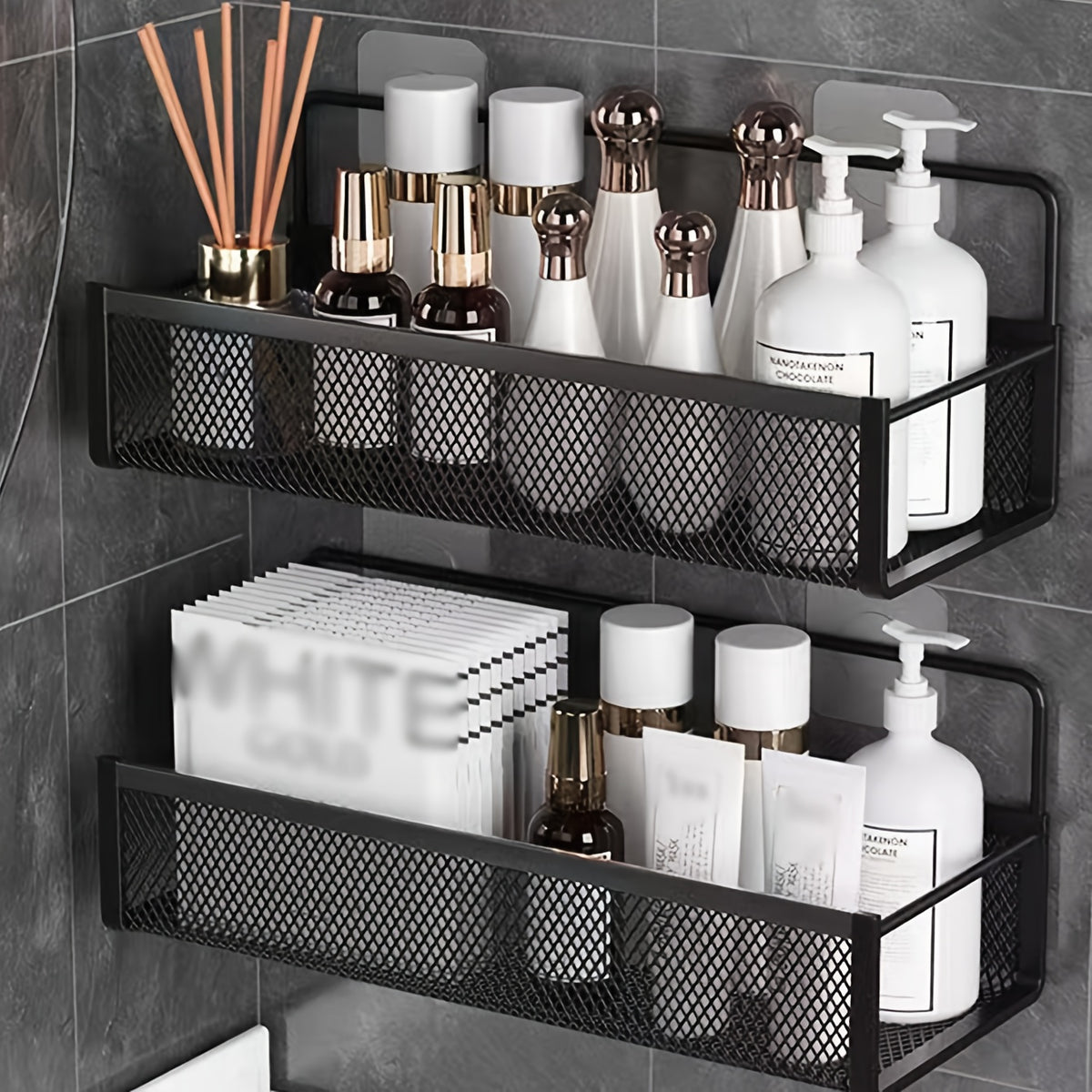 1pc White Iron Bathroom Wall-Mounted Storage Shelf with Adjustable Shelves & Suction Cup Hooks - No Drill Installation, Space-Saving Modern Design for Shower, Bathtub, Sink Organization - Rust-Resistant Paint Finish, Durable Bathroom Organizer