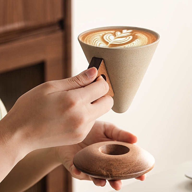 1pc 100ml/250ml Handcrafted Ceramic Coffee Cup with Wide Mouth for Latte Art, Funnel-Shaped Heat-Resistant Wooden Handle and Solid Wood Coaster, Premium for Home, Office, or Café Use, Ideal for Gifting