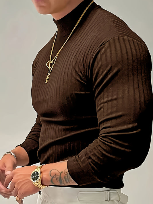 Men's Spring/Summer Ribbed Round Neck Long Sleeve T-Shirt, Comfortable and Breathable, Fashionable Ribbed Casual Style