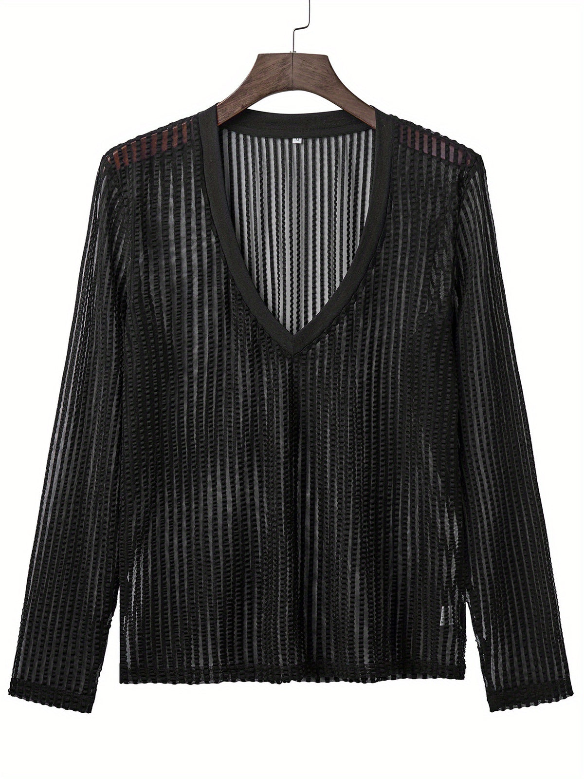 Men's Slim Fit Textured V-Neck Long-Sleeve Semi-Sheer Mesh Stretch Soft Breathable Perforated Trendy Sports Outdoor Sexy-Looking Tee
