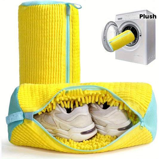 Durable Shoe Washing Bag for All Types - Yellow with Blue Zipper, Plush Protective Laundry Bag with Rich Lint for Sports Shoes and Casual Shoes, Laundry Wash Bag, Laundry Wash Bag, Laundry Bag, Laundry Bags
