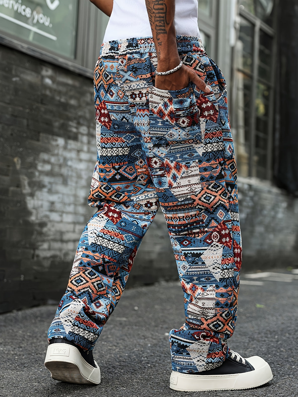 Men's Casual Sports Pants, Ethnic Jacquard Loose Fit Fashion Vintage Style All-Season Straight-Leg Trousers, Holiday Gift, Boyfriend Gift