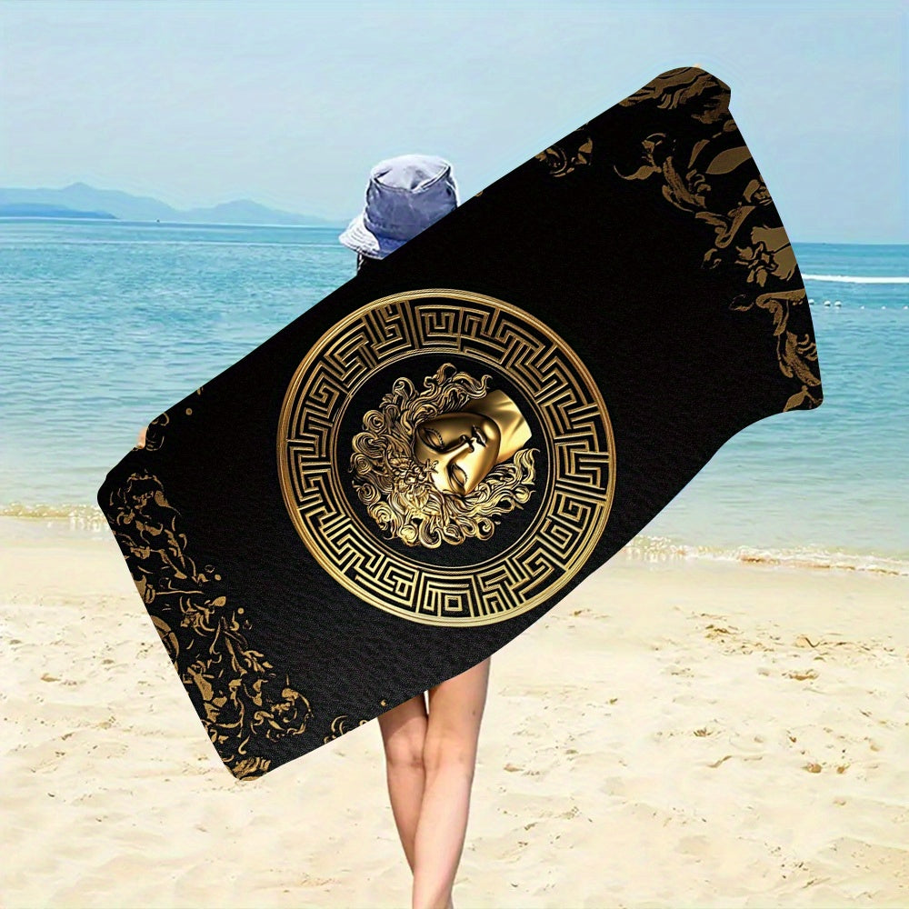 1pc Extra Soft Quick-Absorbent Luxury Greek Medusa Beach Towel - Large Quick-Dry Bath Towel (29.5x59 Inches/74x150cm), Elegant Black & Golden Greek Mythology design with Medusa for Pool, Travel, Spa - Perfect Luxury Gift for Women & Men, Poolside Accesso