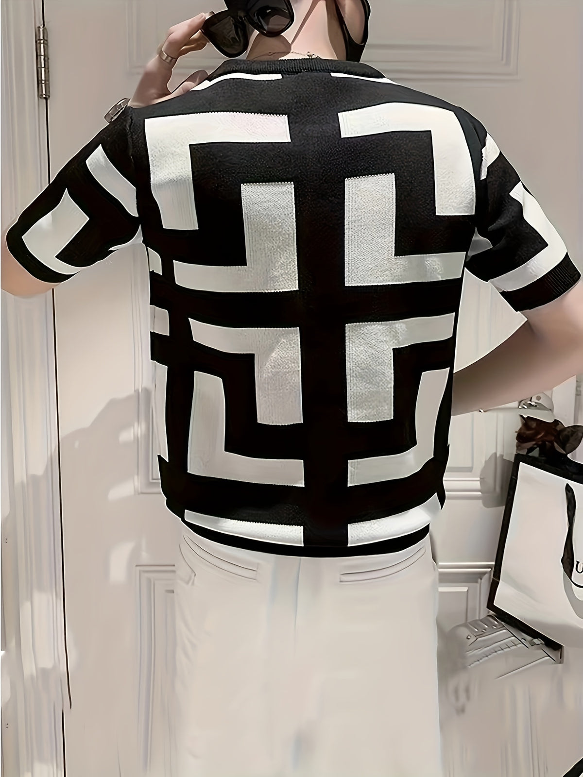 Men's Slim Fit Short Sleeve Knit Sweater - Black & White Geometric Grid Pattern, Breathable Round Neck Pullover for Outdoor Hiking & Casual Wear, Spring Summer Fall, Hiking Gear, Comfortable Knitwear