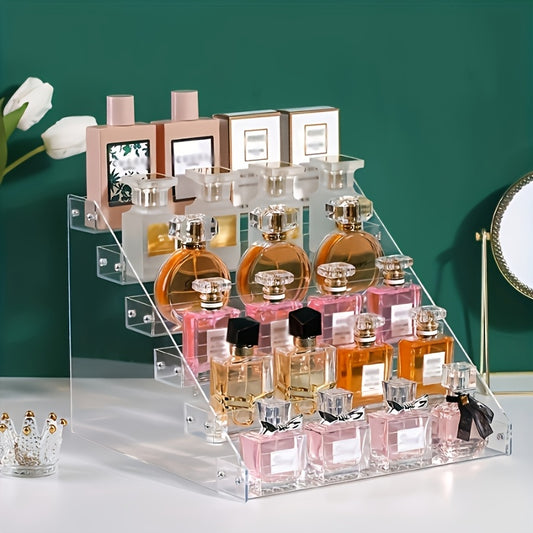 1pc Multi-Layer Cosmetic Organizer - Transparent Display Frame for Eyeshadow, Powder, Lipstick & Perfume - Durable Plastic Freestanding Makeup Storage with Multiple Compartments, No Assembly Required, Perfect Home Decor for Bathroom Vanity, Makeup Vanity