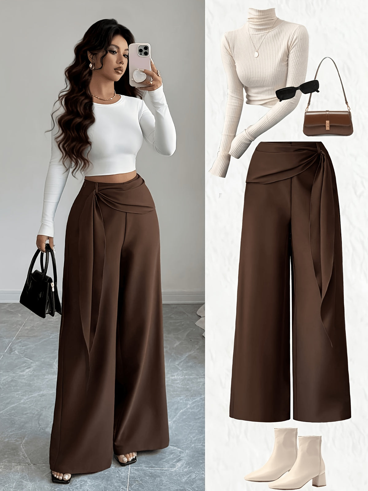 New Women'S Twill Side Zipper Ribbon Style Wide-Leg Pants, Spring Summer Casual Loose Elegant Long Trousers