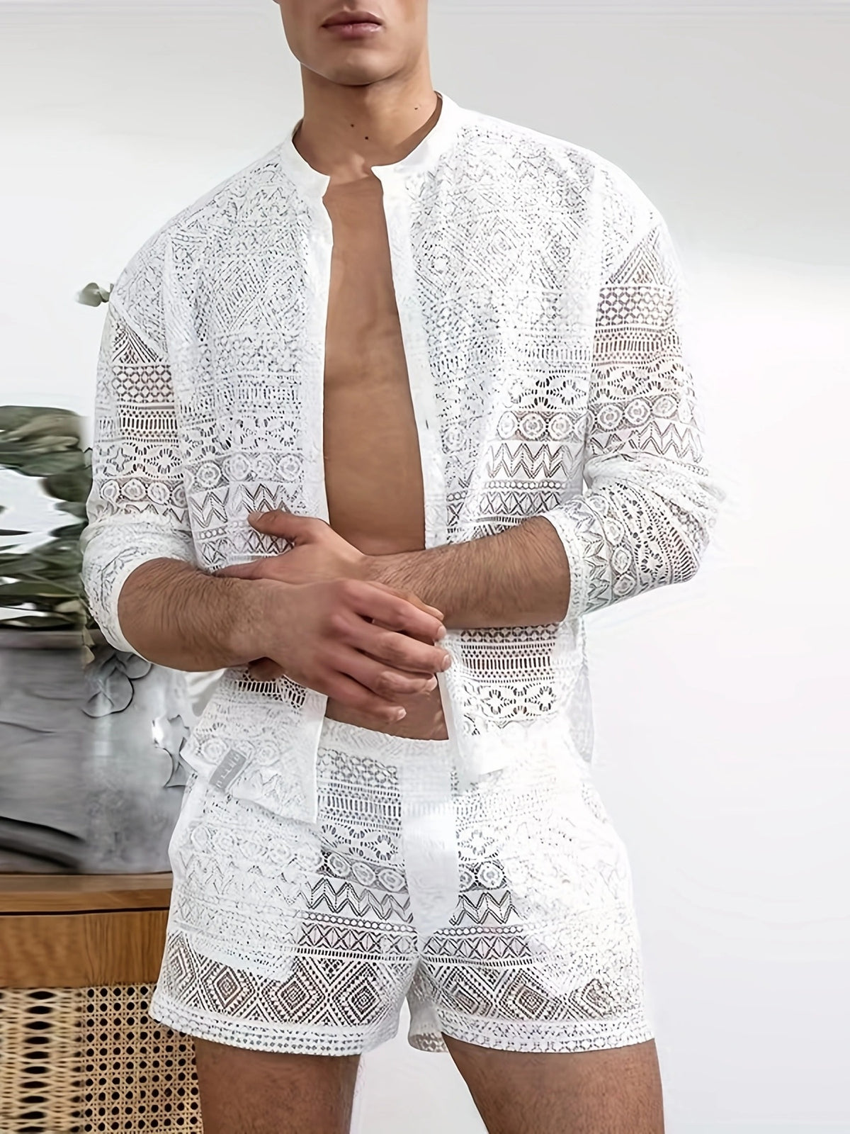 Summer Men'S Lace See-Through Long Shirt And Shorts 2pcs Set Sexy Casual Summer Beach Party Clubwear