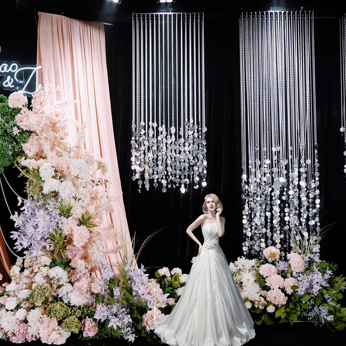 Wedding backdrop decoration set, featuring a 10-meter transparent bead chain paired with a 2-meter silver rain curtain with sequins, suitable for wedding backgrounds, birthday parties, and event decorations.