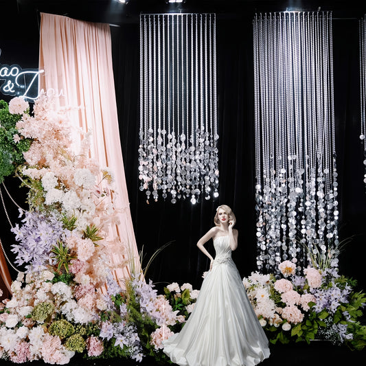 Wedding backdrop decoration set, featuring a 10-meter transparent bead chain paired with a 2-meter silver rain curtain with sequins, suitable for wedding backgrounds, birthday parties, and event decorations.
