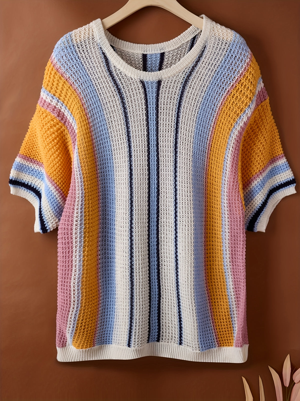 Casual Loose-Fit Men's Striped Drop-Shoulder Short-Sleeve Sweater, Spring/Summer/Autumn Beach Air-Conditioned Outerwear Fashion Sweater