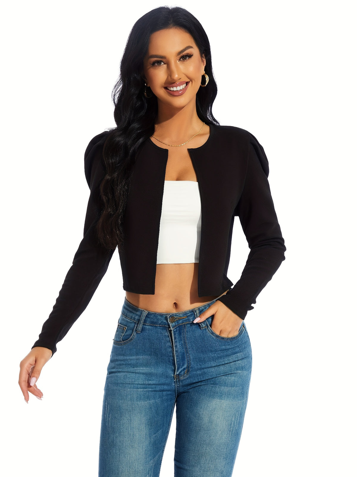 Long Sleeve Leg of Mutton Crop Jacket - Soft Medium Stretch Polyester Fabric, Crew Neck, Placket Front, Machine Washable, All-Season Casual Wear - Solid Color, Short Length, Easy Care