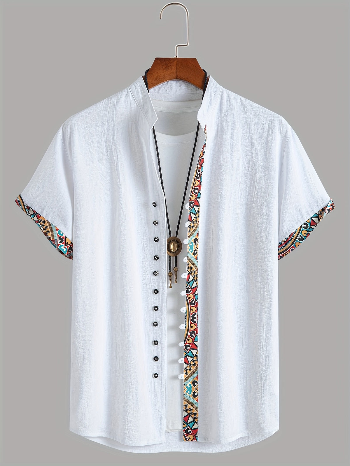 Men's Color-block Patchwork Small Stand-up Collar Cardigan Style Ethnic Style Casual Fashion Simple Versatile Daily Outing Commuting Personality Trend Summer Short-sleeved Shirt