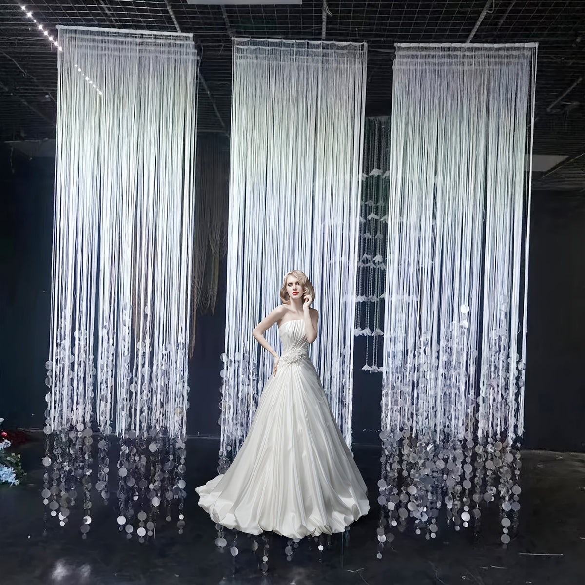Wedding backdrop decoration set, featuring a 10-meter transparent bead chain paired with a 2-meter silver rain curtain with sequins, suitable for wedding backgrounds, birthday parties, and event decorations.