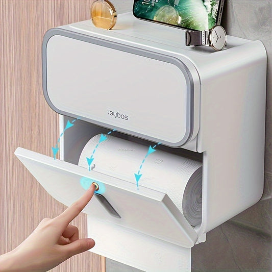 Double-Layer Wall-Mounted Toilet Paper Holder - No-Drill, Waterproof Plastic Roll Dispenser with Storage Shelf for Bathroom, Modern Rectangular Design, Toilet Paper Holder for Bathroom, Minimalist Decor, NoDrill Installation