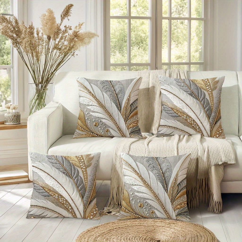 4pcs Luxury Short Plush Pearl-Encrusted Feather Throw Pillow Covers 45.72x45.72 cm, Grey & Golden Elegant Decor, Zippered Polyester Cushion Covers for Sofa Couch Porch Patio Living Room Outdoor, No Inserts Included, Cushion Covers for Living Room, Pearlf