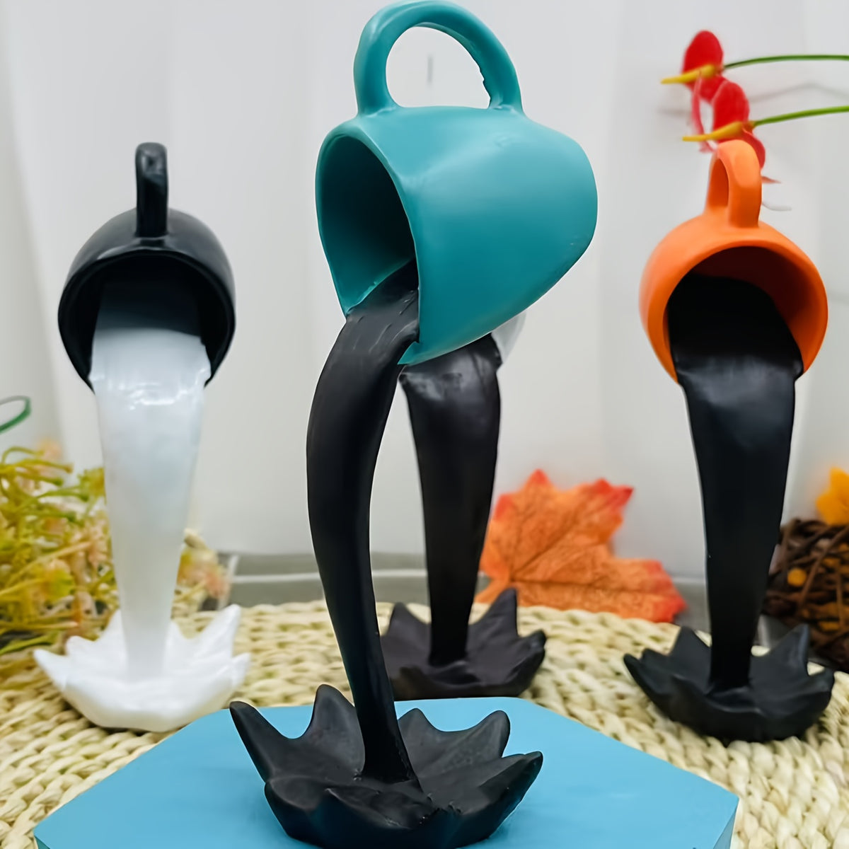 1pc Modern Geometric Resin Suspended Coffee Cup Ornament - Teal & Black, Indoor/Outdoor Decorative Piece for Home, Office, or Garden