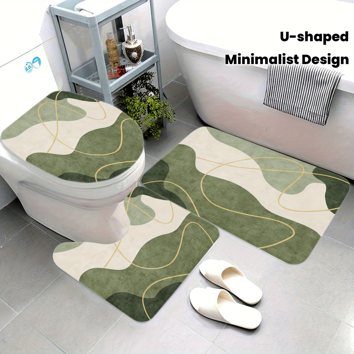 3pcs Bohemian Style Green Minimalist Print Bathroom Rug Set, Toilet Seat Cushion, U-Shaped Mat, Flannel Material, Soft Surface, Bathroom Decorative Floor Mats