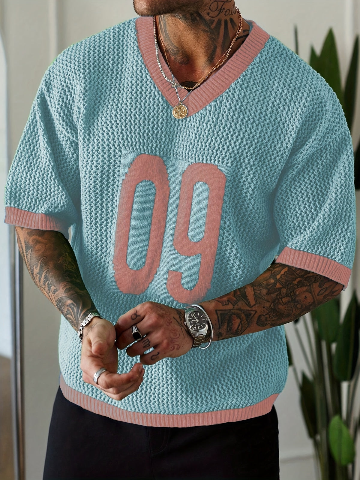 JNBLDA Men's Street Style Contrast Color V-Neck Numeral Print Raglan Knitted Pullover Men Jersey Knit Top Men Men Vacation Men Knit Tops Men Jersey