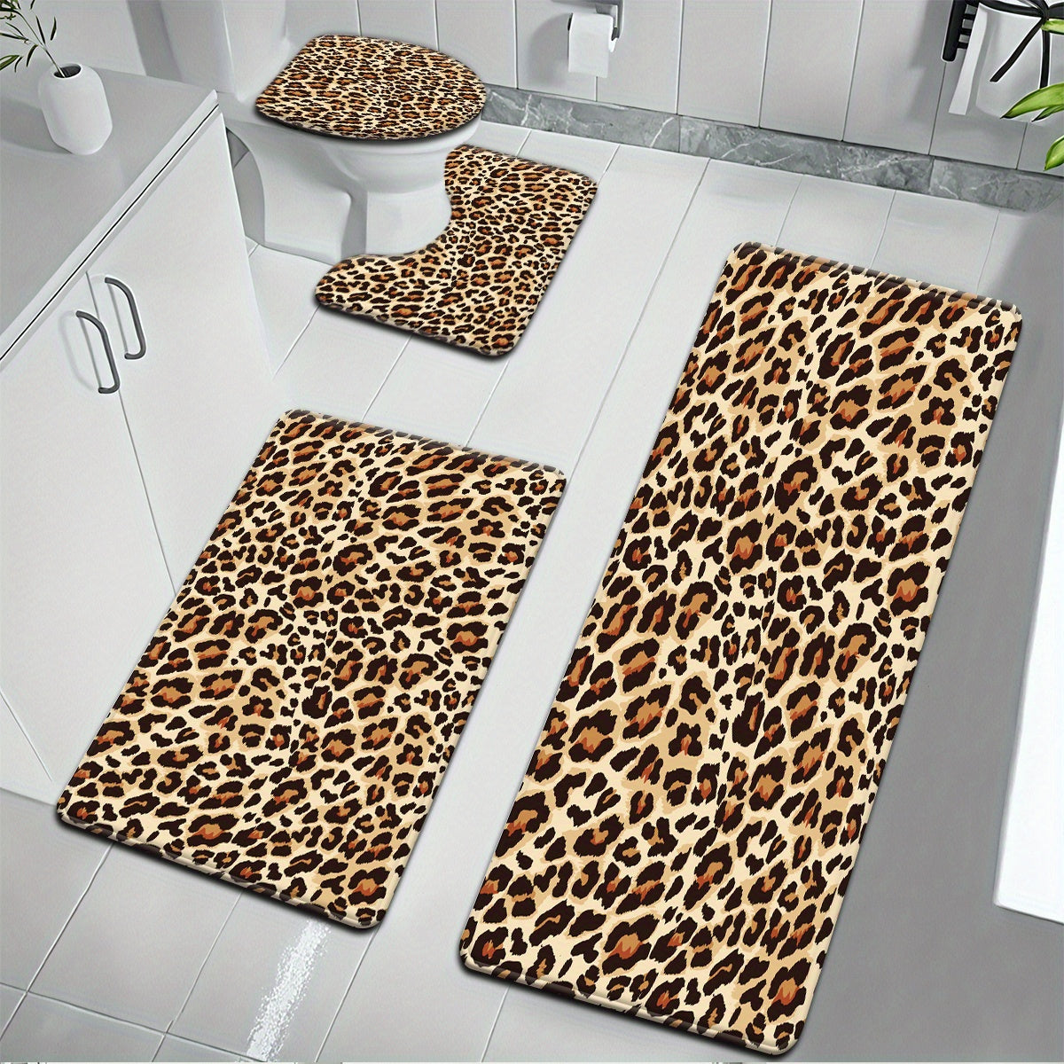 2pcs/3pcs Simple Brown Leopard Pattern Bathroom Mat Set, Strong Absorbency, Includes U-Shaped Toilet Mat Suitable for Kitchen Bathroom Decor Bathroom Door Mat, Bathroom Rug Mat, Bedroom Rug, Floor Mat Outdoor Entrance, Kitchen Area Rug, Carpet Laundry Ro