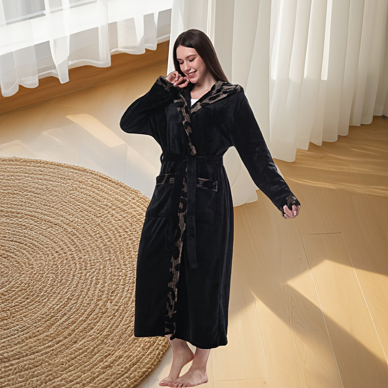2025 Winter New Hooded Robe - Flannel Fashion Black Patchwork Leopard Print Decoration - Lazy Style Home Wear - Cross-Border Hot Seller - Winter Fleece Thickened, Long Style - Warm Long Sleeve Hooded - 120 Length To Show Height And Slim - Adjustable