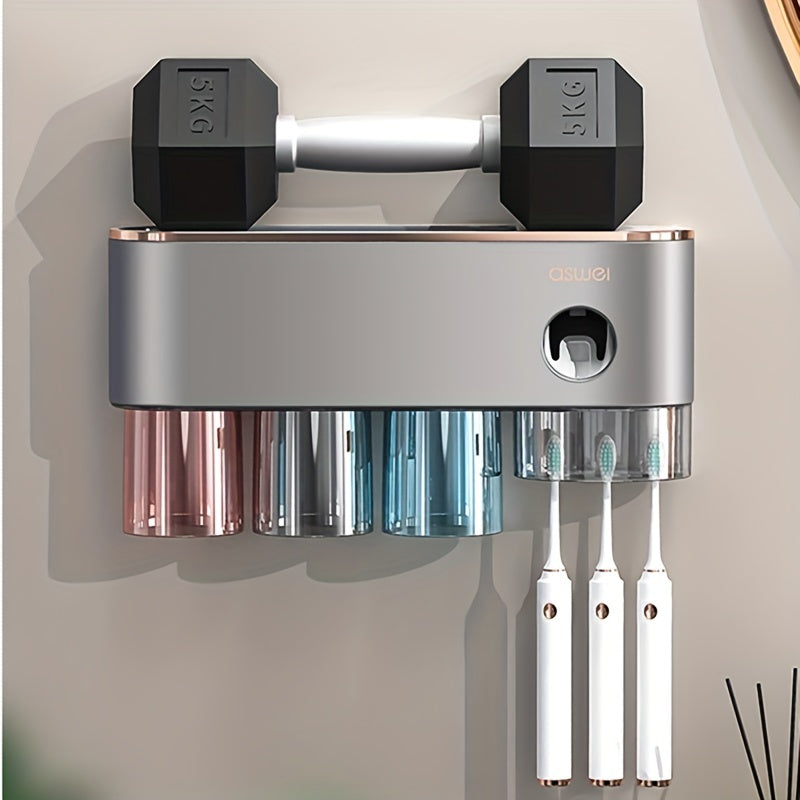 1 Set Of Bathroom Accessories Family Combination Wash Cup Set Free Of Punching Installation Stainless Steel Toothbrush Holder With Automatic Toothpaste Dispenser