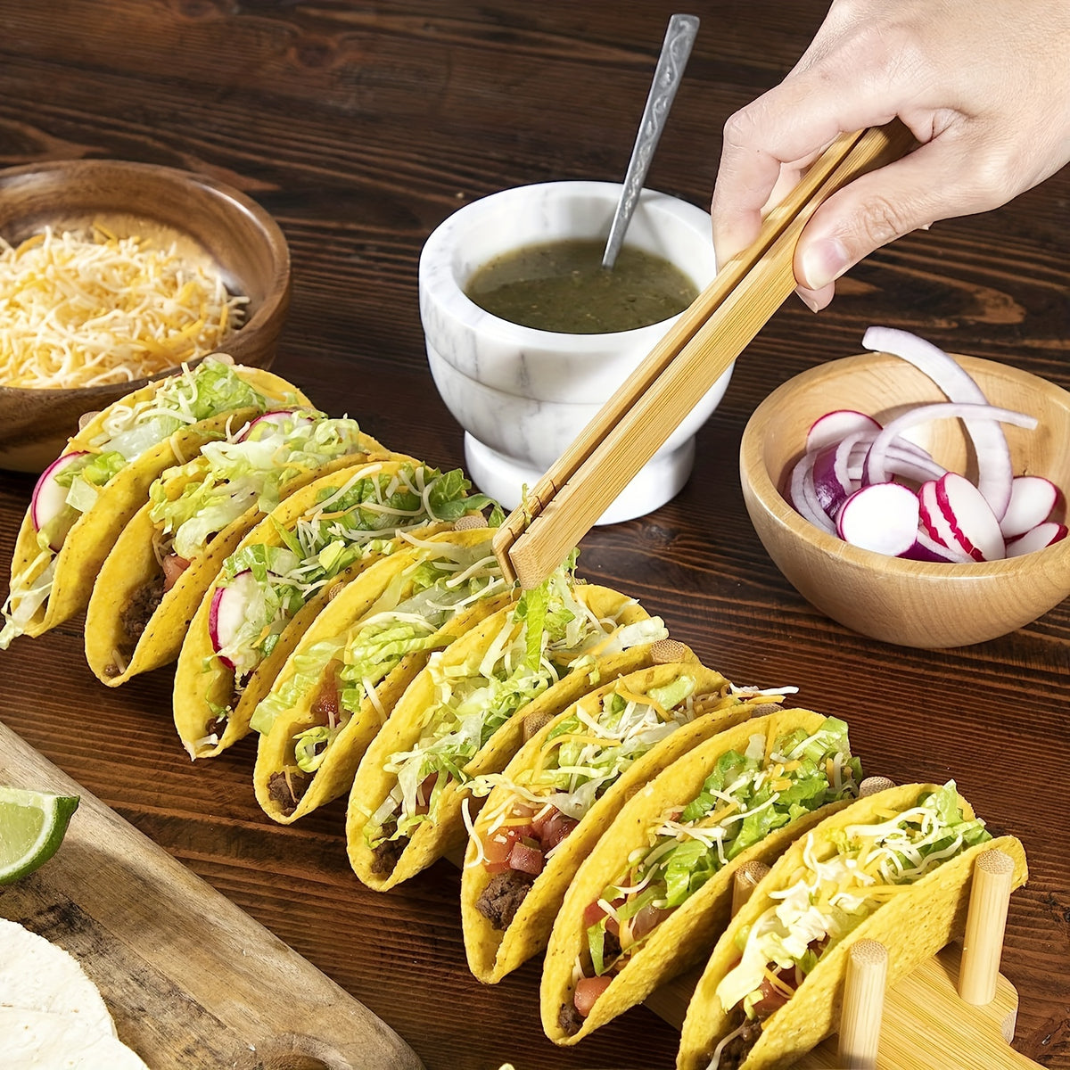 1pc GOXAWEE Wood Taco Holder, Bamboo Solid Wood Burrito Holder With Handle, Stand Up Holds 8 Soft Or Hard Shell Tacos, Kitchen Utensils, Bamboo Organizer Tray, Burrito Stand, Great For Tortillas, Home, Parties, Birthday And Restaurants