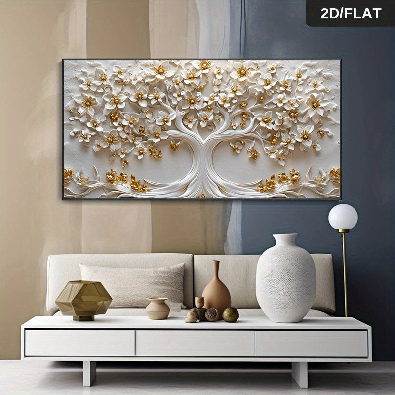 1pc Modern Abstract Golden Blossoms on a White Tree Canvas Wall Art - 70.0x140.0cm, Elegant Home Decor for Living Room or Bedroom, No Frame, Canvas Poster, Modern Wall Art