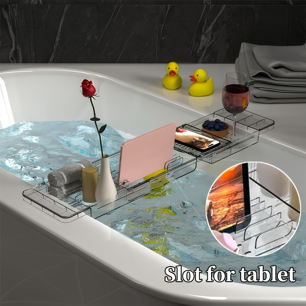 1pc Adjustable Bathtub Tray with Wine Glass Holder, Phone Stand, and Multiple Compartments - Durable Plastic Bath Caddy for Relaxing Spa Experience, Spa Relaxation Tray | Modern Bathtub Caddy | Waterproof Bathtub Tray, Bathtub Accessories