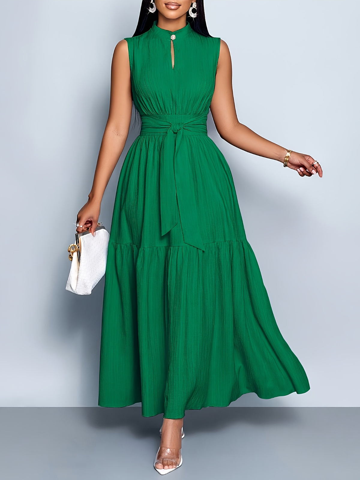 Elegant and Fashionable Women's Solid Color Stand-up Collar Sleeveless Waist-cinching Tie-knot Dress with Front Cutout, Suitable for Casual, Fashionable, and Commuting Styles. Selected from the Industry's Elegant Series, Ideal for Parties and Work
