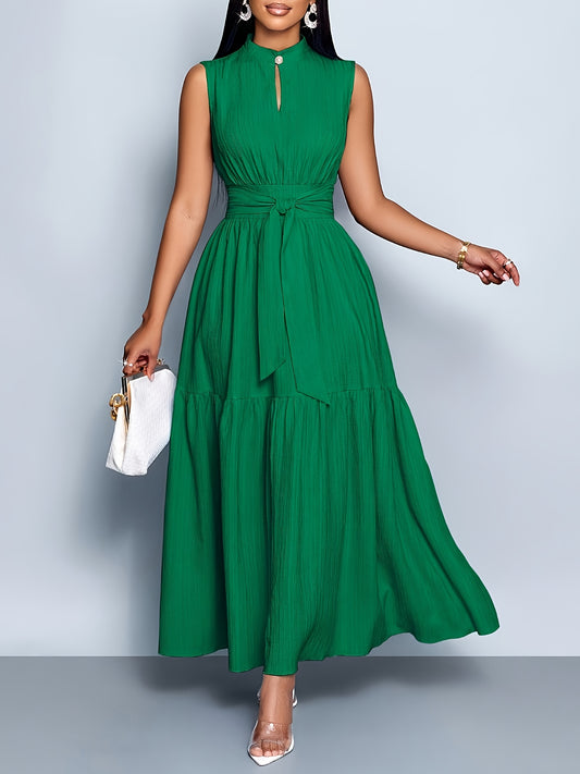 Elegant and Fashionable Women's Solid Color Stand-up Collar Sleeveless Waist-cinching Tie-knot Dress with Front Cutout, Suitable for Casual, Fashionable, and Commuting Styles. Selected from the Industry's Elegant Series, Ideal for Parties and Work