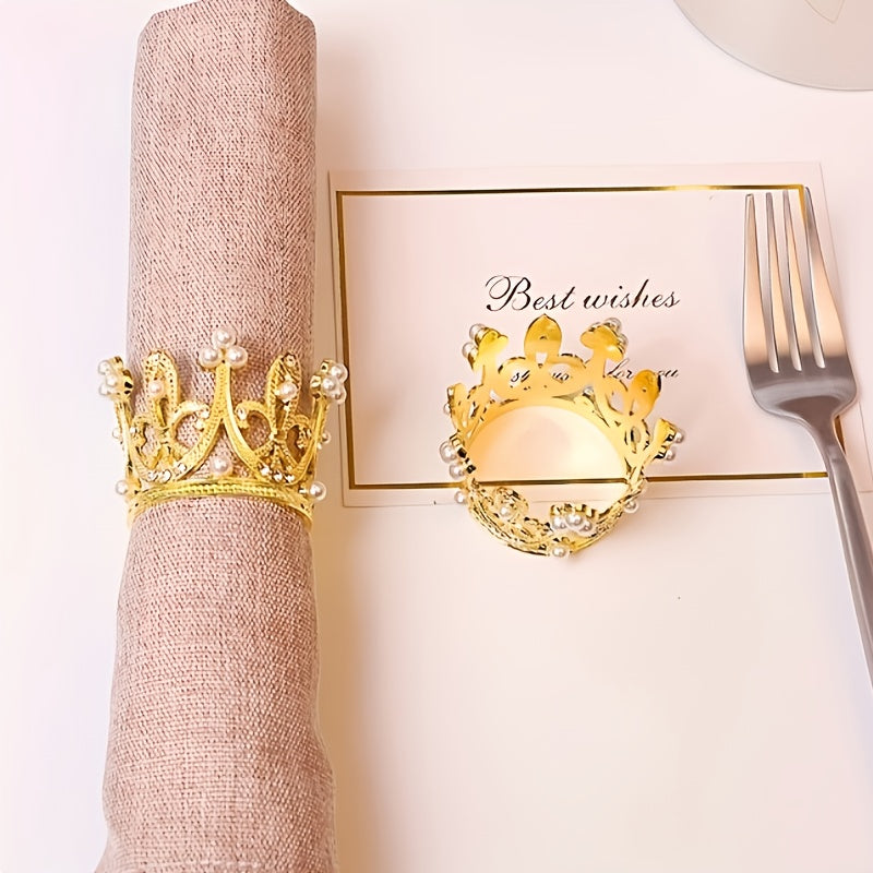 6pcs Crown Rhinestone Pearl Napkin Rings, Crown Napkin Holder Buckle, Candy Box Decoration for Wedding Holiday Party Table Home Decoration