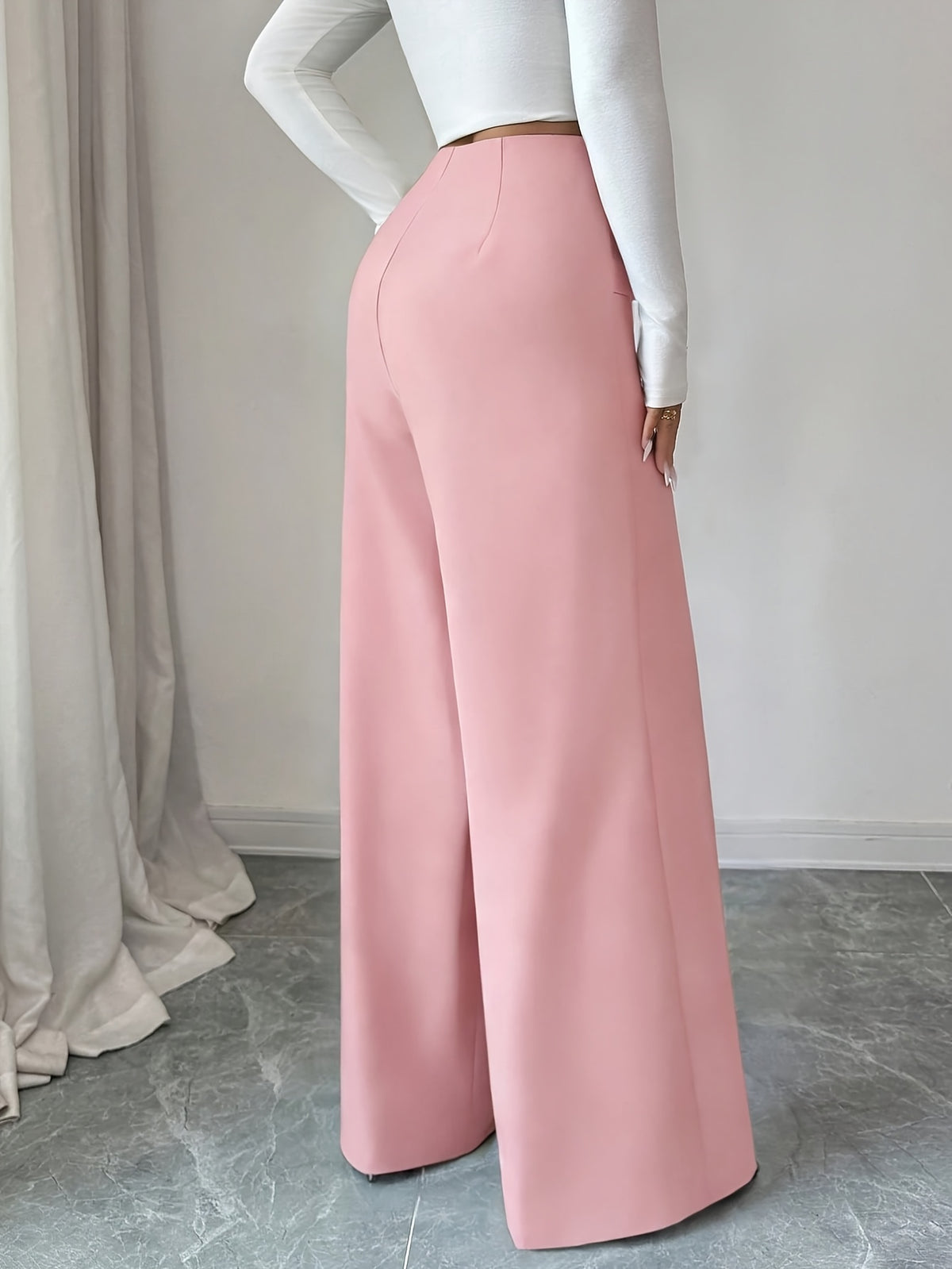Women's High-Waisted Wide- Flare Bell-Bottom Pants with Belted Waist & Built-In Zipper - Twill Trousers Suitable for Commuting,, Casual Wear, Spring/Autumn Elegant Loose Fit Solid Color Full-Length Pants