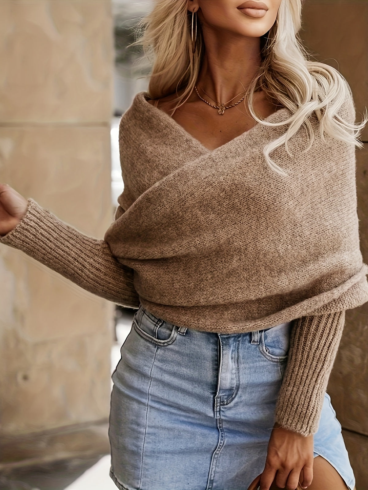 Women'S Vintage-Inspired Asymmetrical Off-Shoulder Sweater - Beige Ribbed Long Sleeve Top with Front Pockets, Perfect for Fall/Winter Casual or Layered Outfits, Sweater Dress