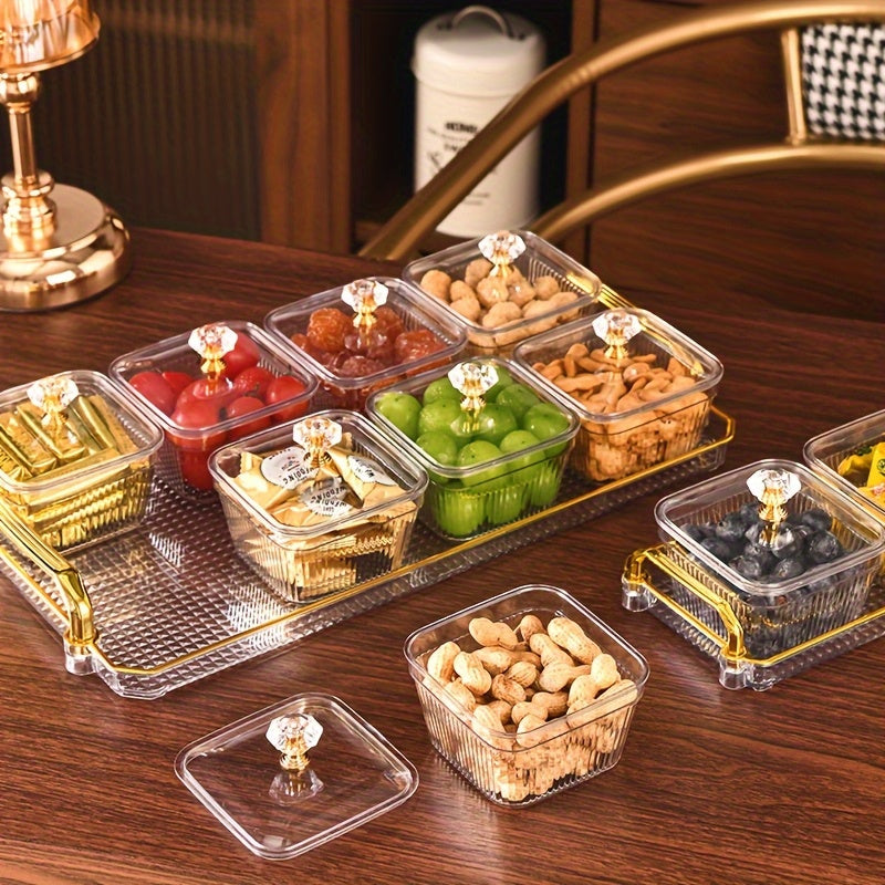 A Snack Tray with 8 Compartments Made of Food-Safe Plastic, Suitable for Nuts, Fruits, Candies, And Chips - Elegantly Decorated in Golden for Home Entertainment, Party Snack Table Decor, And a Golden-Plated Serving Tray.