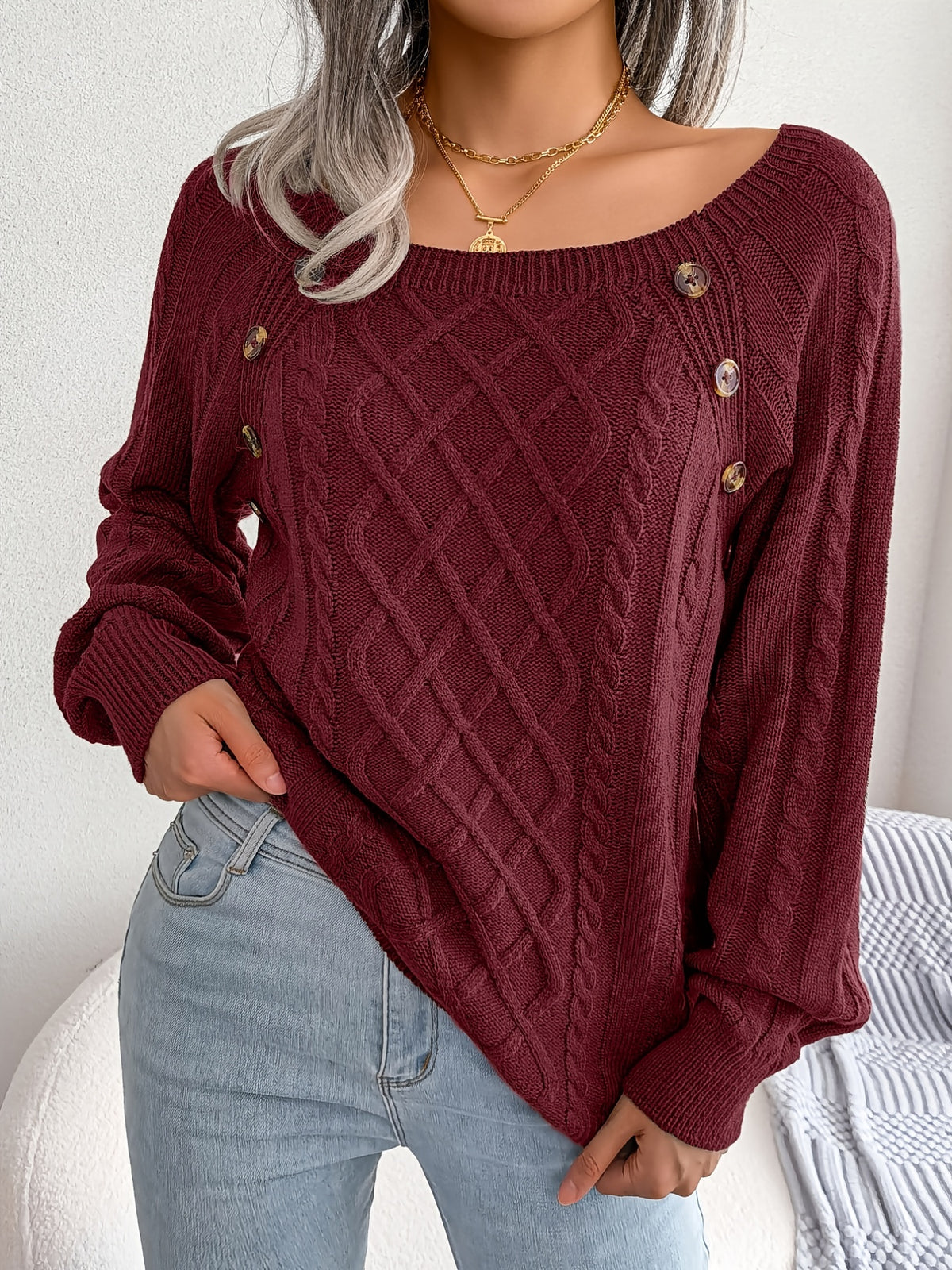 [Texture Lantern Sleeve Sweater] Round Neck Texture Lantern Sleeve Women's Sweater - Button Sweater