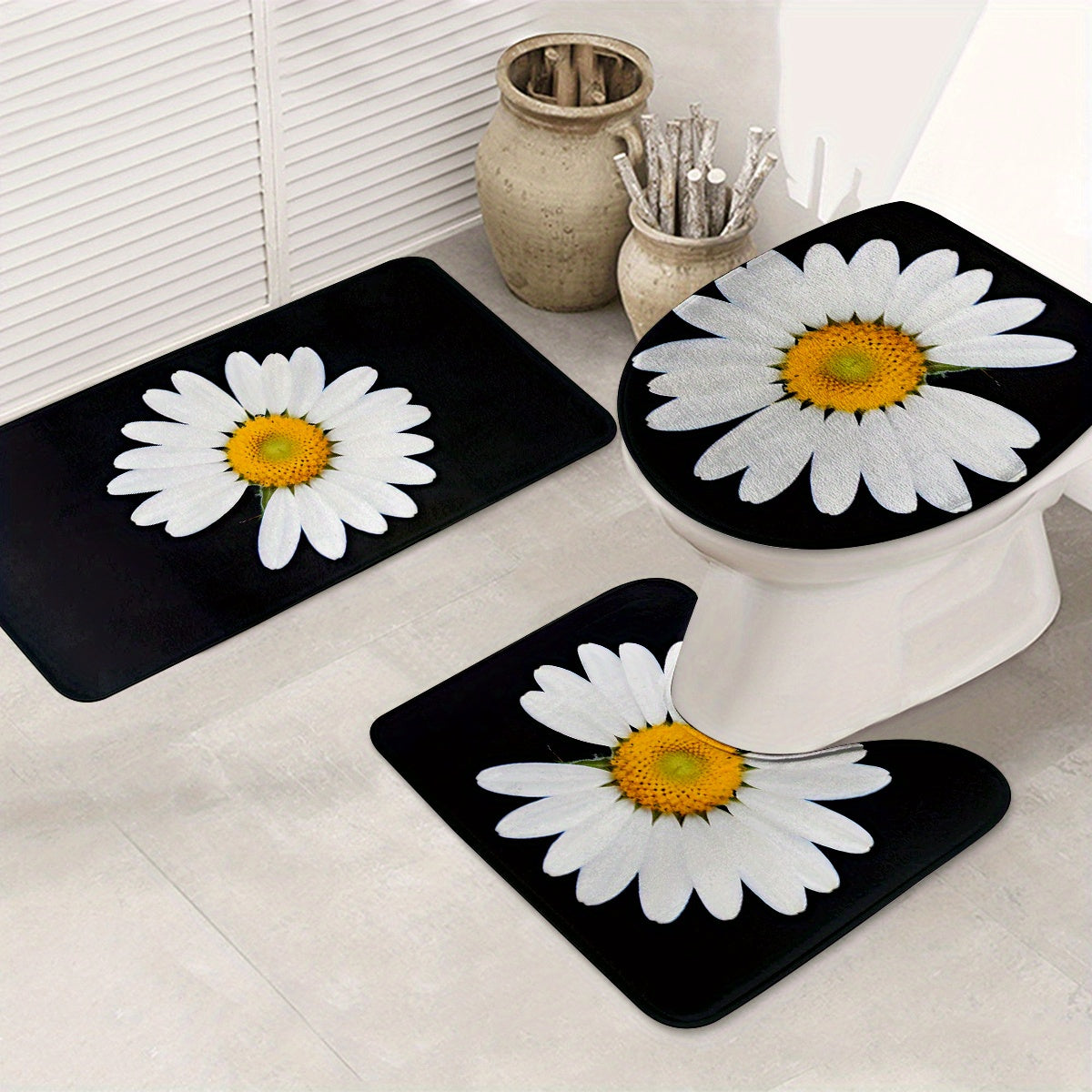 3pcs Black Daisy Print Bath Mat Set, Thickened Non-Slip, Machine Washable, Good Quality, Knit Fabric, Polyester, 600g/㎡, 1.2cm Thickness, Rectangular Floor Mat, Contour Mat and Toilet Seat, with Set Includes Bathroom Decorations, for Valentine'S Day, Wed