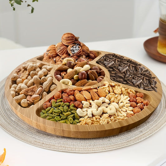 Bamboo Round Serving Tray with 5-Section Dividers - Reusable Snack Bowl for Nuts, Candy, Fruits - Wedding, Party, Holiday & Home Use - Multi-Compartment Dish Organizer (Dinner Table,)