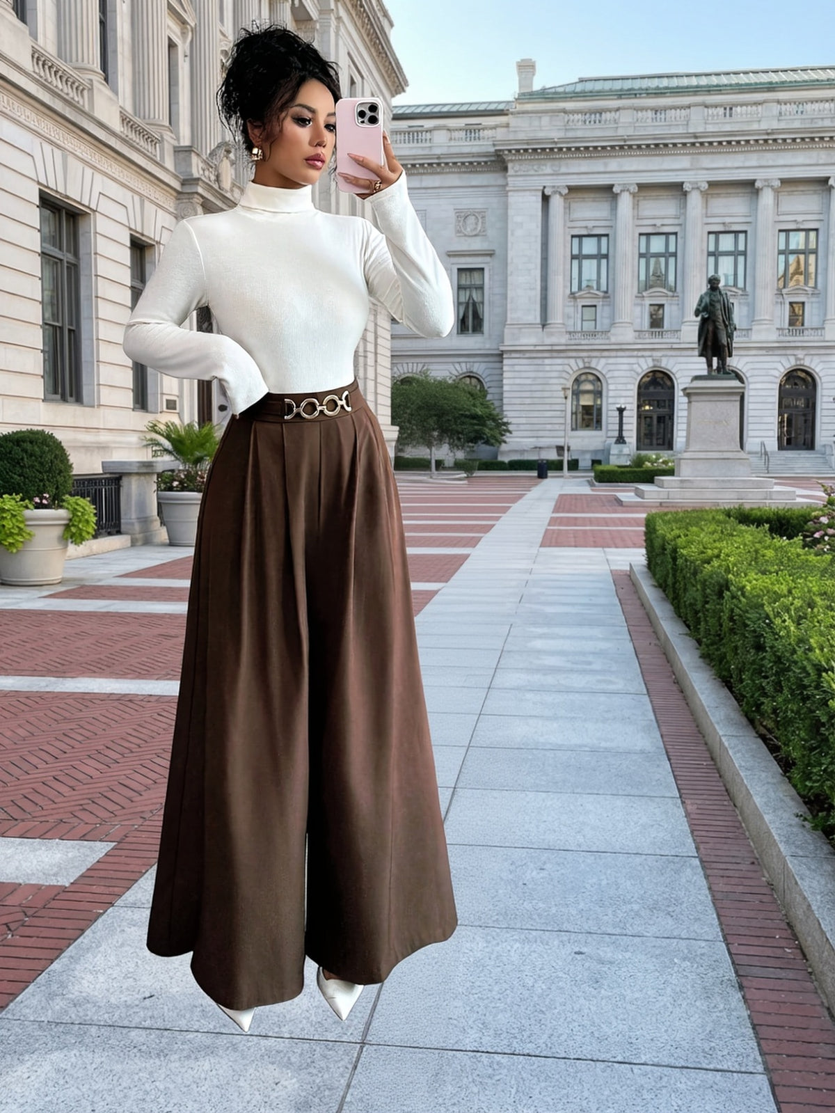 Women's High-Waisted Wide-Leg Pants with Metal Chain Detail