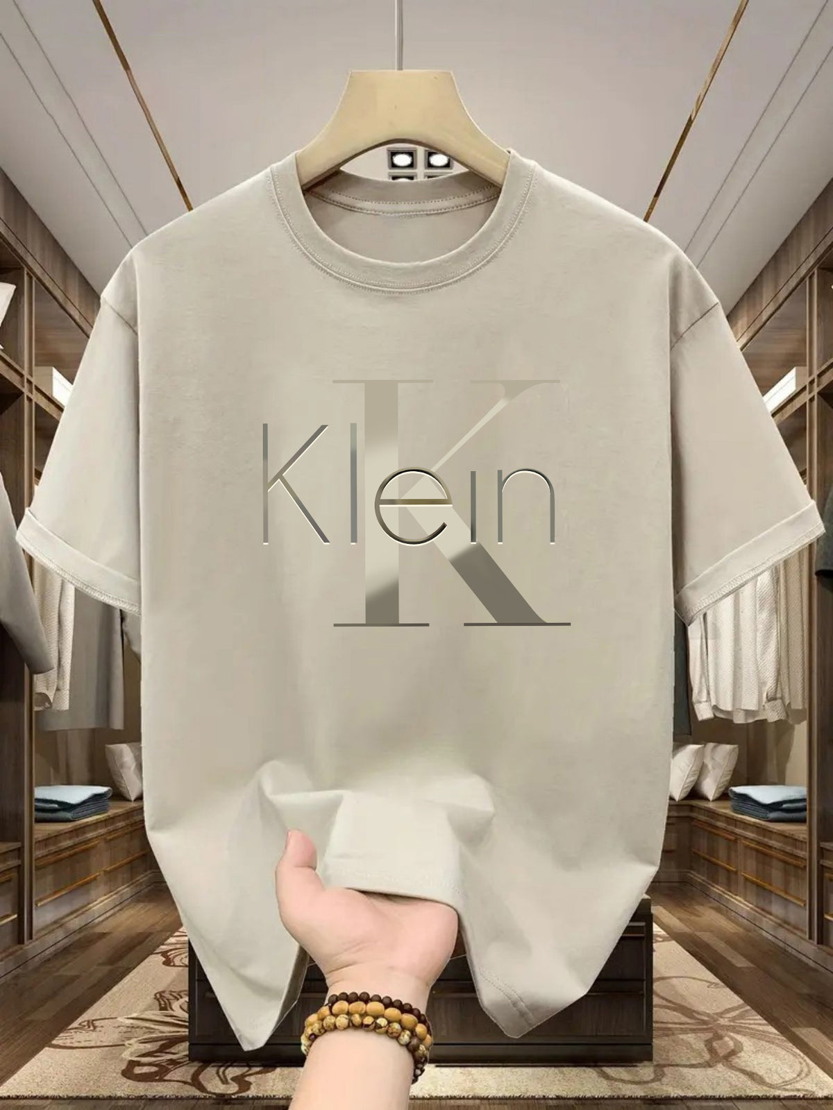Men's 100% Cotton T-Shirt with Logo Print (-like Design) - White Short Sleeve Round Neck Casual Shirt, Beige Minimalist Branding Tee for Casual Attire, Machine Washable & All-Season Fit