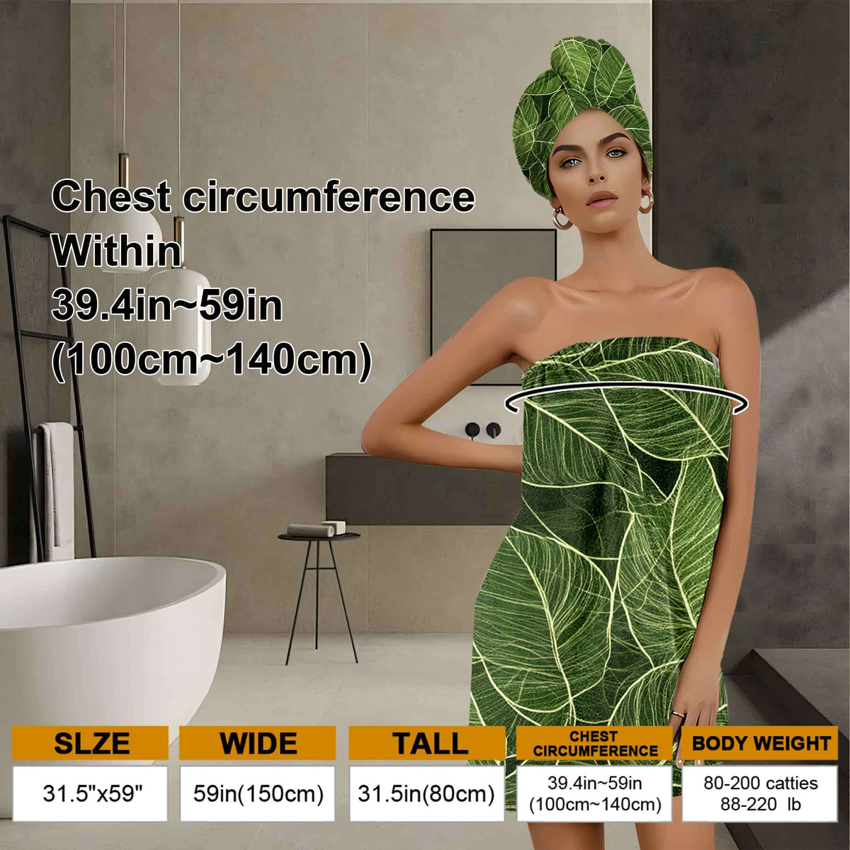 2pcs - Luxury Bath Towel Set, Natural Green Leaf Pattern with Buttons, Wearable Wrap, High Absorbency, Suitable for Home, Travel, Sauna, Spa, Gym, Bathroom, Pool Towels and Home Use Accessories, Wash Cloths