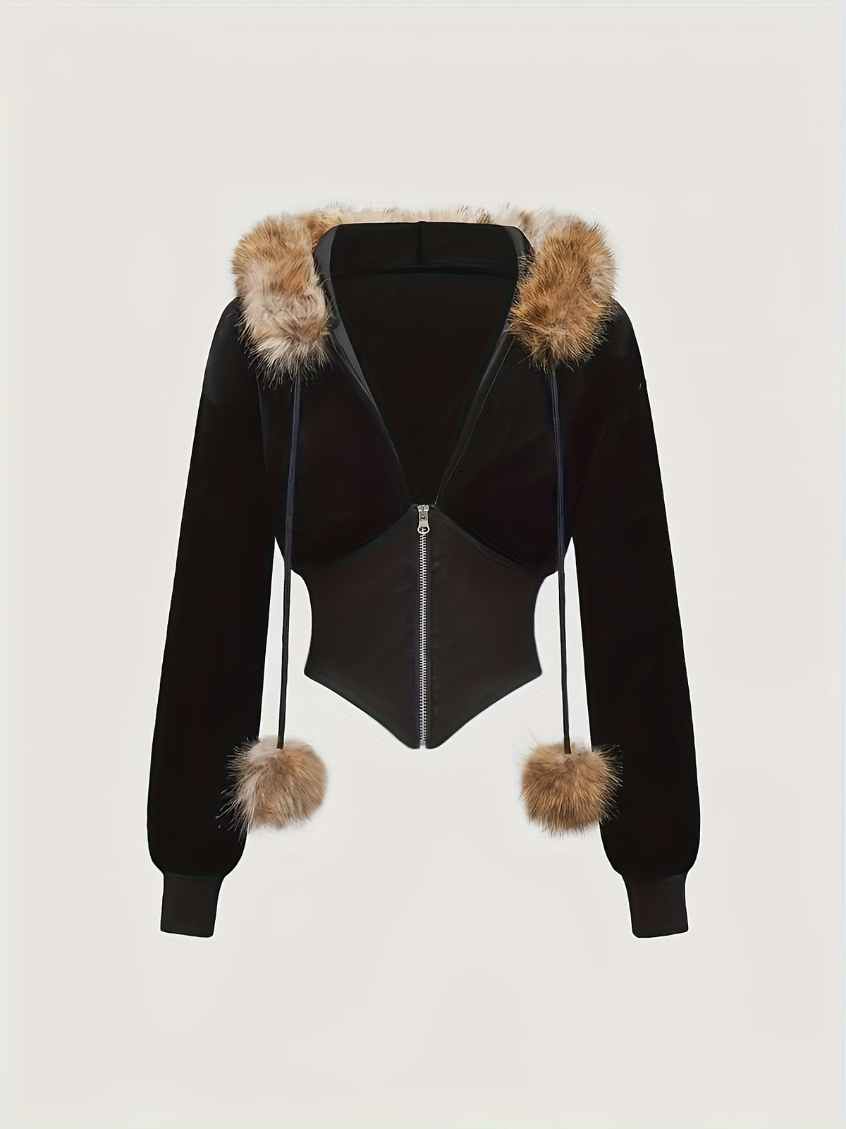 Women'S Elegant Faux Fur Hooded Jacket - Chic Black Zip-Up with Fluffy Trim, Long Sleeves, and Adjustable Drawstring, Perfect for Spring/Fall, Autumn Fashion Jacket | Chic Hooded Jacket | Adjustable Hoodie