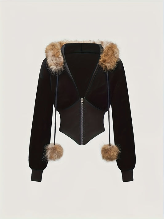 Women'S Elegant Faux Fur Hooded Jacket - Chic Black Zip-Up with Fluffy Trim, Long Sleeves, and Adjustable Drawstring, Perfect for Spring/Fall, Autumn Fashion Jacket | Chic Hooded Jacket | Adjustable Hoodie