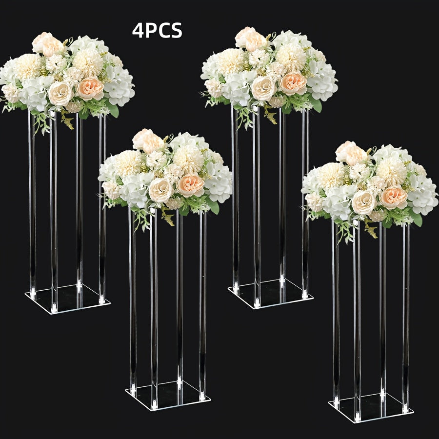 4pcs Transparent Acrylic Wedding Centerpieces - Tall 60cm (59.94cm) Square/Cube-like /Standing Vases, Heavy-Duty Table/Flower Stands for Large Bouquets, White/ Floral Arrangements (Compatible with Roses, Peonies) - Event & Party Decor