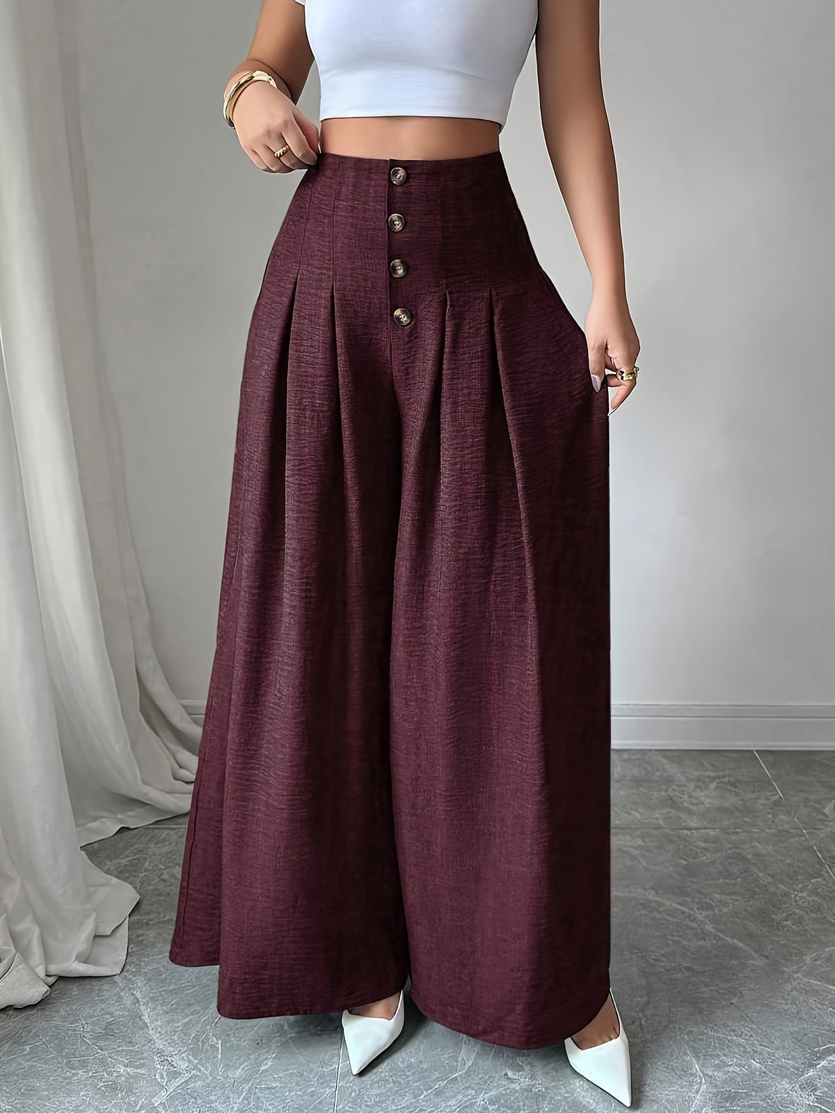 Women'S Fashion Loose Solid Color Button-Front Pleated Back Invisible Zipper Wide-Leg Pants (No Pockets)