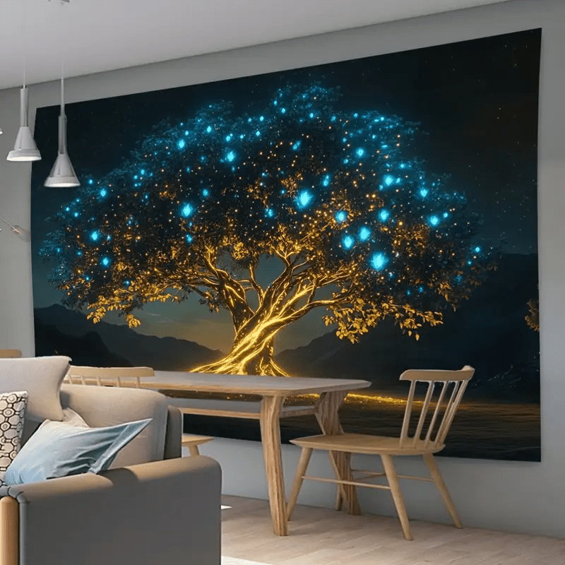 1pc Tree of Life Tapestry Wall Hanging - Glowing Night Sky Golden & Blue Magical Forest Design with Glowing, Horizontal Large Tree of Life Wall Art for Living Room, Bedroom, Indoor/Outdoor Decor - No Electricity Needed, Durable Polyester Fabric, Modern H